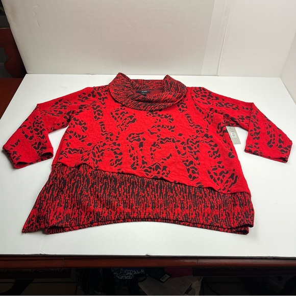 Ali Miles Womens 1X Red Black Abstract Cowl Neck Layered Tunic Blouse Top NEW - Picture 1 of 11